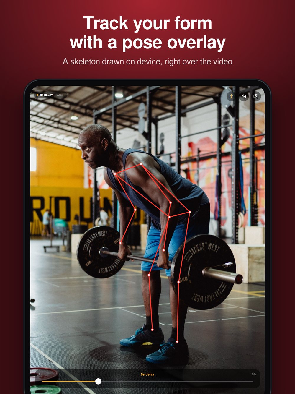 SportDelay on iPad showing a pose skeleton over a weightlifter
