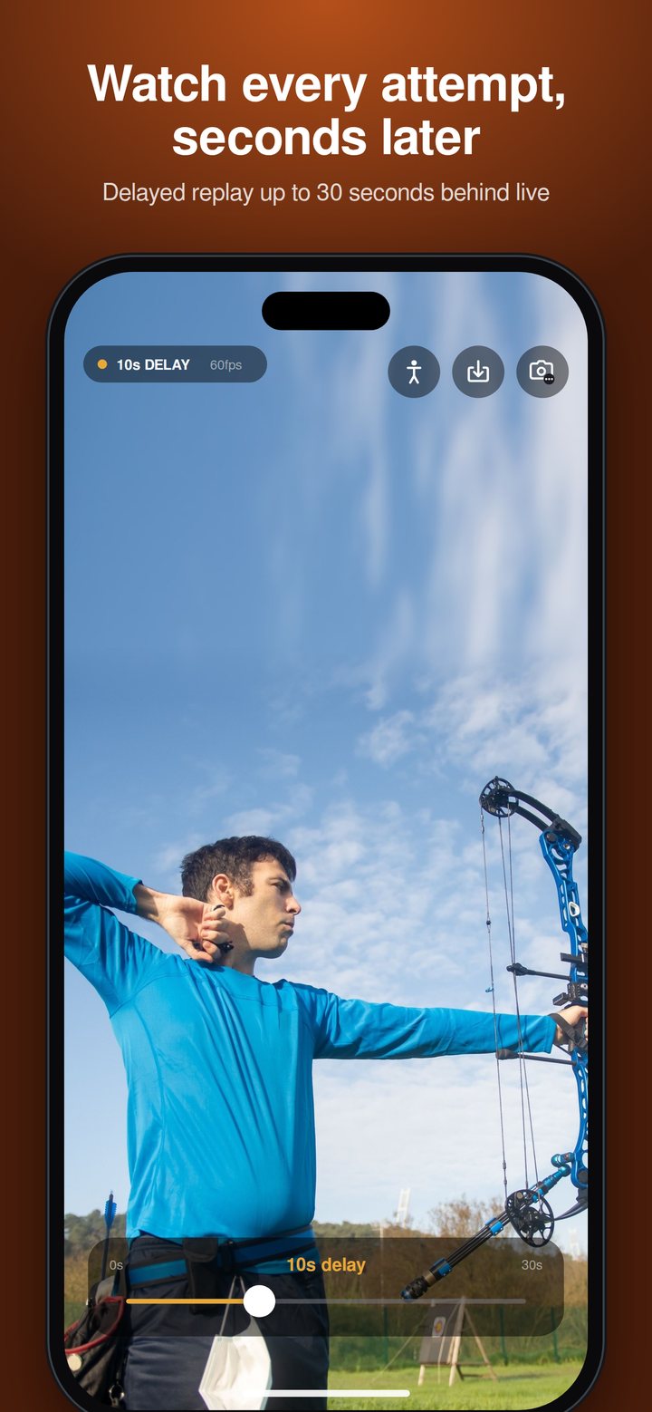 SportDelay showing an archer at full draw with a 10 second delay slider