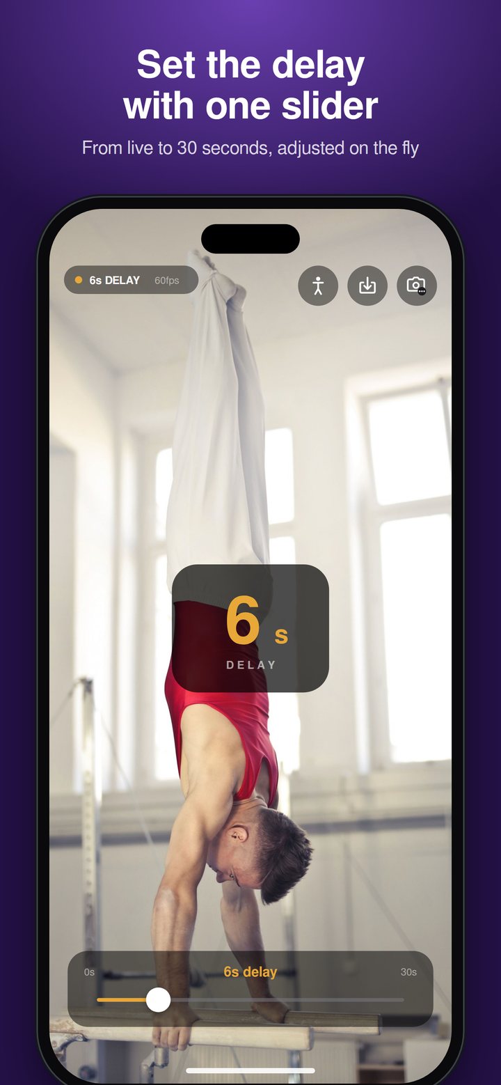 Delay slider set to 6 seconds over a gymnast on parallel bars