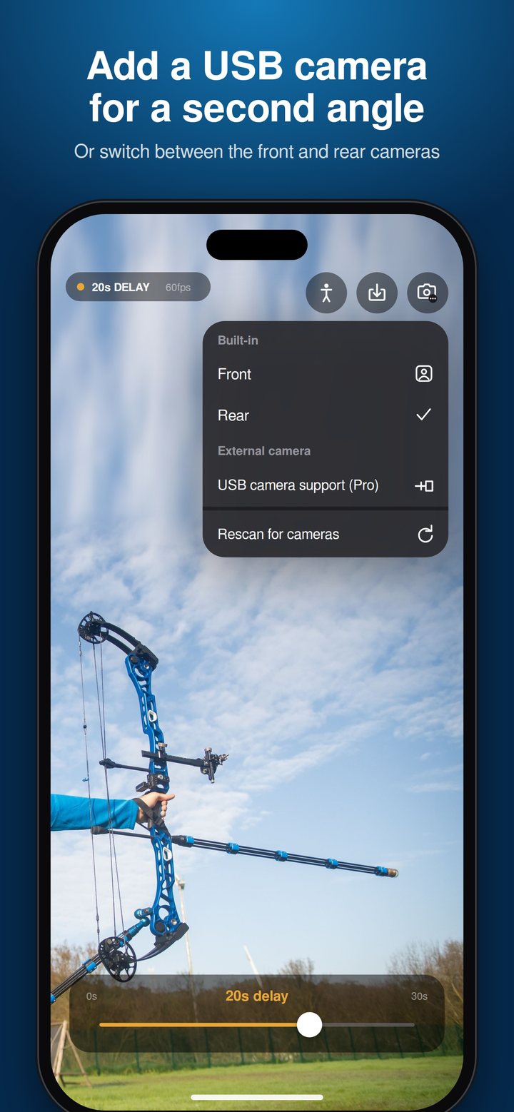 Camera menu showing front, rear and USB camera options